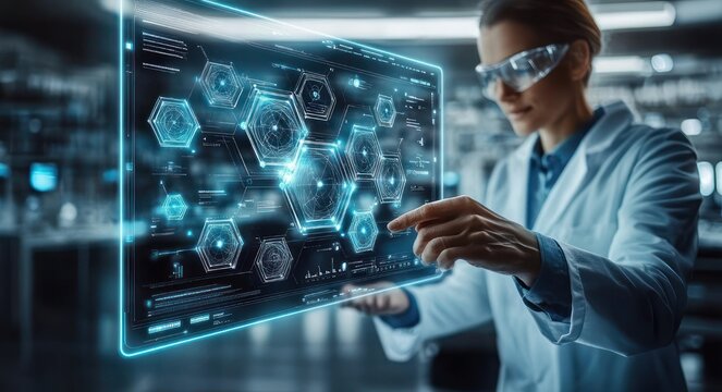 focused lab researcher in a white coat interacting with a glowing holographic touchscreen showing hexagonal network diagrams in a futuristic laboratory