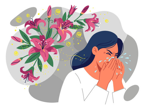 Woman suffering seasonal allergies sneezing uncontrollably surrounded by pollen from blooming pink lily flowers.