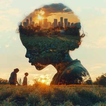 contemplative child profile double exposure blending a golden hour city skyline, lush green field and two figures walking across a sunlit meadow, evoking nostalgia and quiet hope