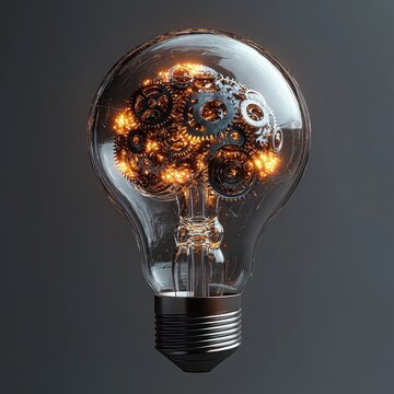 glass light bulb containing a glowing mechanical brain of interlocking gears and warm orange sparks, conveying inventive and inspired energy