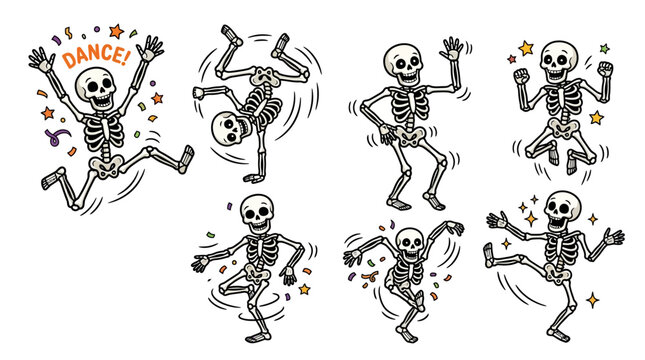 Set of funny dancing skeletons in various poses, celebrating and having fun.