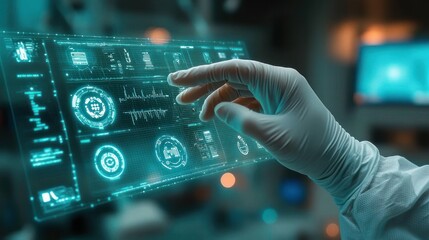 Fototapeta premium gloved hand touching a holographic medical interface displaying ecg waveform, circular data panels and vital signs in a futuristic clinical laboratory conveying precision and focus