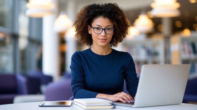 Confident young woman with curly hair and glasses working on laptop in modern office, professional business portrait representing career and technology