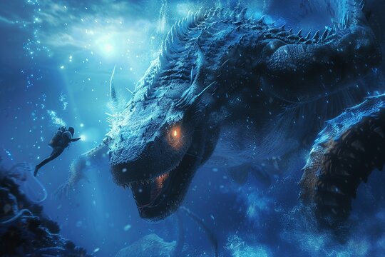 Scary sea monster in dark depths of deep blue ocean