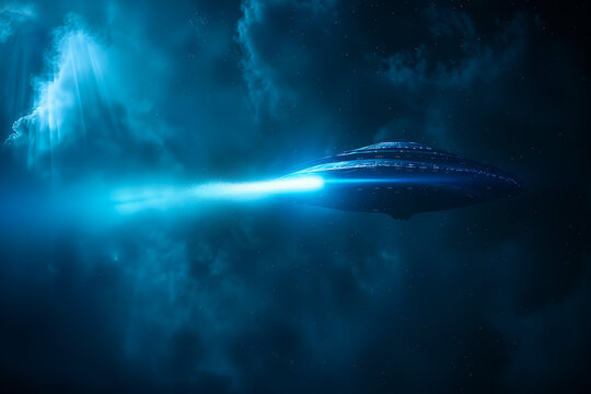 Oval UFO saucer hovering over beautiful landscape in deep dramatic sky