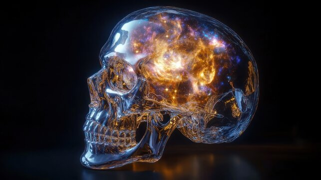 Transparent glass skull containing a glowing cosmic nebula with reflective surface, evoking eerie wonder and cosmic mystery