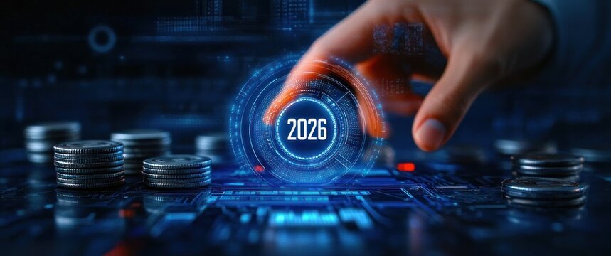 Hand reaching toward a glowing holographic 2025 above stacked coins on a blue digital circuit board, conveying anticipation and futuristic optimism