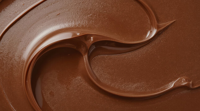 Smooth chocolate spread swirl close up with glossy texture and warm brown tone