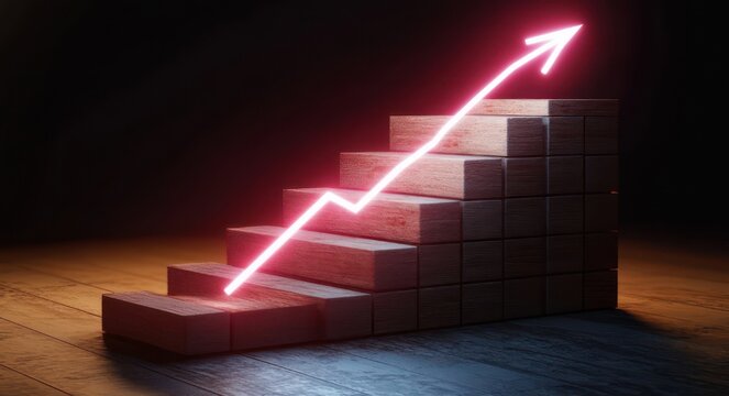 wooden block staircase on a wooden floor in a dark room with a glowing pink neon arrow climbing upward, conveying optimistic progress and growth
