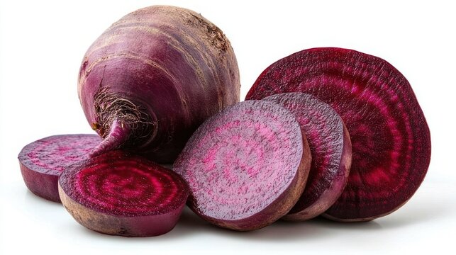 Whole and sliced deep purple-red beetroots with visible root and concentric rings on white background, fresh earthy and vibrant