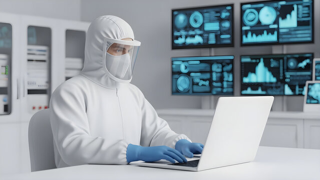 Scientist in Protective Hazmat Suit Working on Laboratory Computer Analysis in High Tech Medical Research Facility