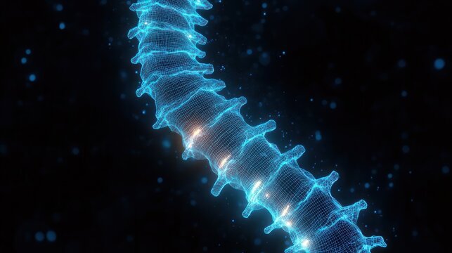 futuristic glowing holographic human spine wireframe with luminescent nodes and drifting particles conveying scientific wonder and clinical precision
