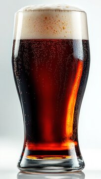 Inviting close-up of a frothy dark beer in a chilled pint glass with amber highlights, rising bubbles and a creamy foam head