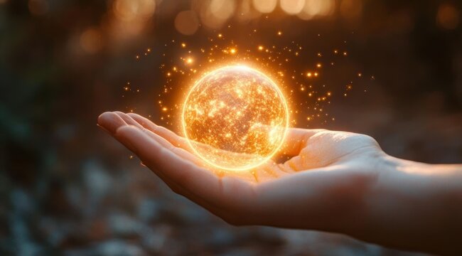 An open hand cradling a glowing fiery orb with sparkling embers against a warm blurred bokeh background, evoking wonder and quiet magic