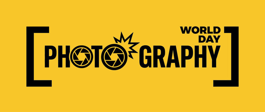 World Photography Day typography vector with camera shutter lens icons, minimalist black and yellow graphic for photographers, creative camera aperture logo design for social media posts.