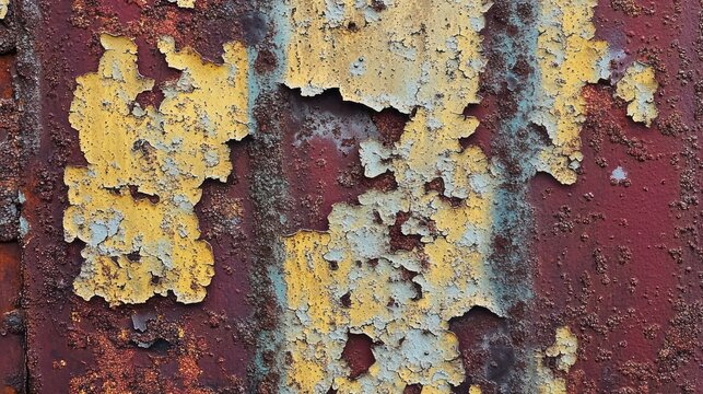 timeworn rusted metal panel with peeling yellow and red paint, flaking layers and gritty decay