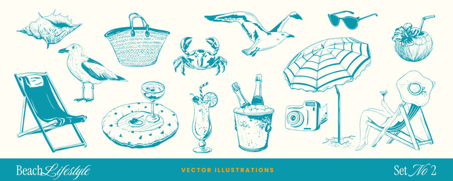 Amalfi coast summer doodle sketch icons with wine, cocktail, mocktail and Italian seafood elements. Hand-drawn sea French vacation vintage rest vector art for menu, beach party and invitation design