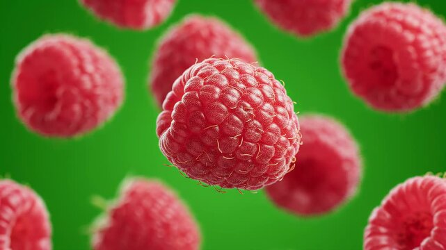 Fresh Red Raspberries Falling Slow Motion. Floating and falling fresh red ripe raspberries close-up isolated on vibrant green background.