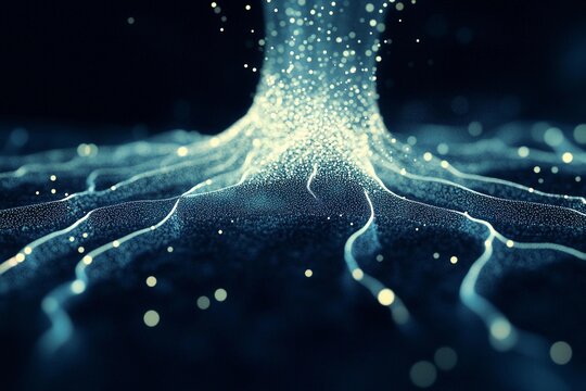 Surreal roots emerge from minimalist dots, creating an ethereal tree in a dreamlike landscape