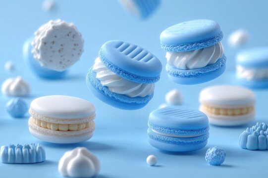 floating blue and white macarons with cream filling and assorted small meringue candies on a pastel blue background, whimsical and dreamy dessert scene