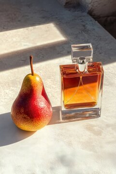 Sunlit pear and glass perfume bottle on a textured stone tabletop, warm elegant still life with soft shadows