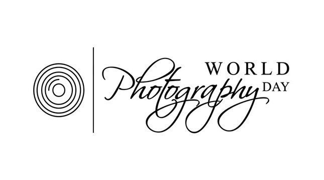World Photography Day elegant typography vector, minimalist camera lens shutter icon with script lettering, black and white photography celebration logo for social media and posters
