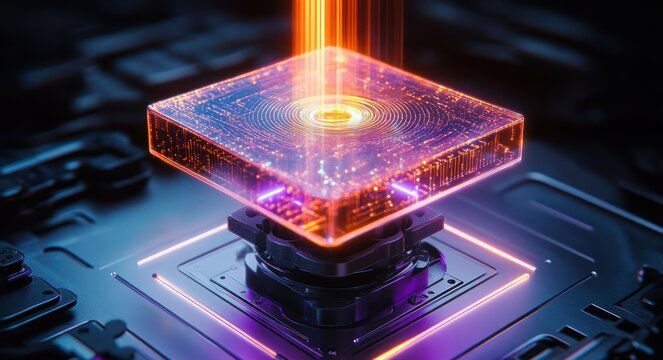 glowing translucent processor module receiving an orange energy beam above a neon-lit circuit board, futuristic and energetic