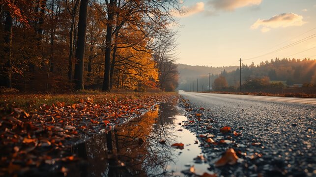 Wet asphalt road with fallen leaves in autumn forest at sunset. Country highway landscape with puddles reflecting trees. Seasonal travel concept and nature scenery at golden hour.