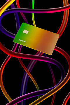 Bank cards with colorful interconnected lines symbolizing digital payments, online banking, finance and secure transactions. 3D CGI concept of global networks, fintech, and financial services