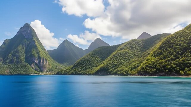 Blue water green hills and mountains under a bright sky with clouds