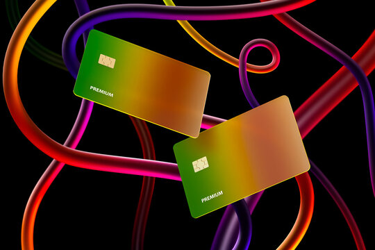 Bank cards with colorful interconnected lines symbolizing digital payments, online banking, finance and secure transactions. 3D CGI concept of global networks, fintech, and financial services