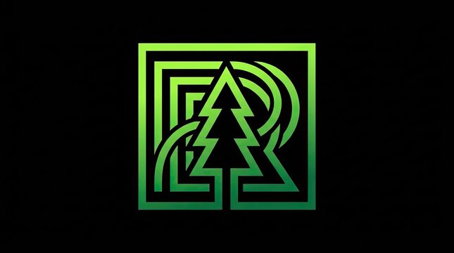 Geometric green pine tree icon inside a square frame.