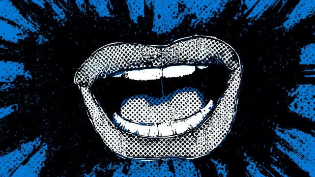 Open mouth laughing with vibrant blue background and starburst effect cinematic motion