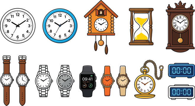 Mechanical and Digital Timepiece Vector Icon Set with Wall Clocks, Wristwatches, Cuckoo Clock, Hourglass, Pocket Watch, and Alarm Clocks for Time Management Designs
