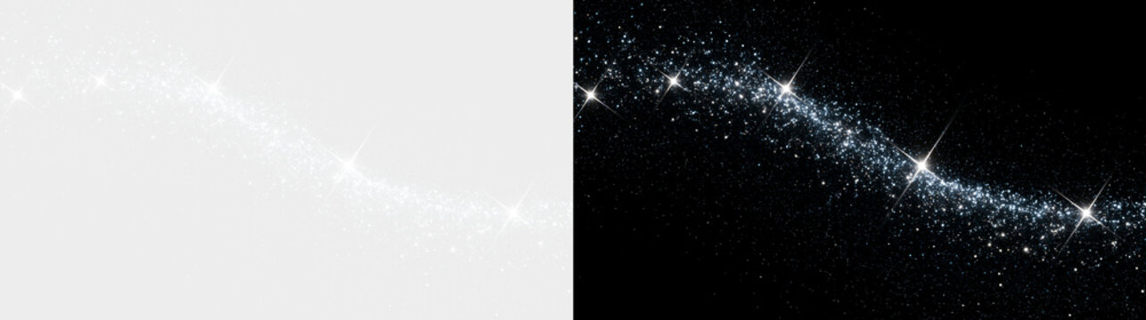 Silver Glitter Swirl PNG with Shimmering Stardust, Bright Star Rays and Magical Sparkle Dust Overlay