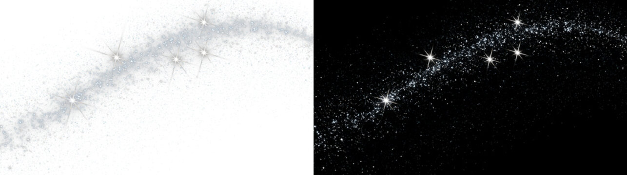 Sparkling Silver Magic Dust Trail PNG with Bright Star Rays, Glitter Swirl and Shimmering Fantasy Overlay