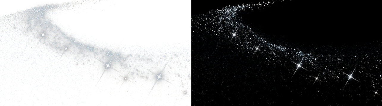 Magical Silver Glitter Trail with Sparkling Dust Particles, Glowing Star Rays and Shimmering Stardust Wave PNG Overlay