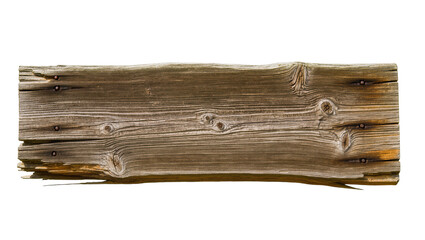 Fototapeta premium Isolated old weathered wooden plank with natural wood grain, rustic texture, and rusty nails