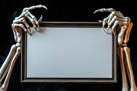 Spooky halloween background with skeleton hands holding vintage frame around empty copy space