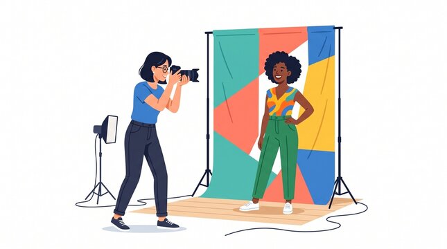 Photographer taking photos of a model. Professional studio photoshoot with lighting equipment.