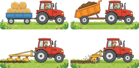 Red Farm Tractor Vector Set with Attachments Carrying Hay Bales, Hauling Soil, Plowing Fields, and Tilling Ground for Agricultural Industry Graphic Designs © Rafika