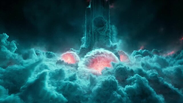 A mysterious dark tower rising from glowing ethereal clouds in a fantasy landscape.