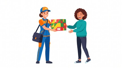 Fototapeta premium Delivery person handing package to customer. Courier delivering parcel to happy recipient.