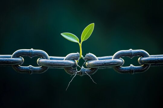 Strength and freedom emerge as life breaks through the chains of restraint