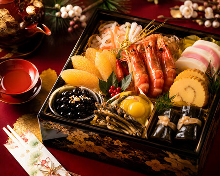 Traditional Japanese Osechi New Year Box with Shrimp, Black Beans, and Sweet Chestnut