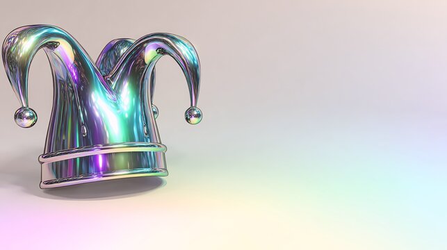 Iridescent jester hat with reflective surface and small hanging spheres
