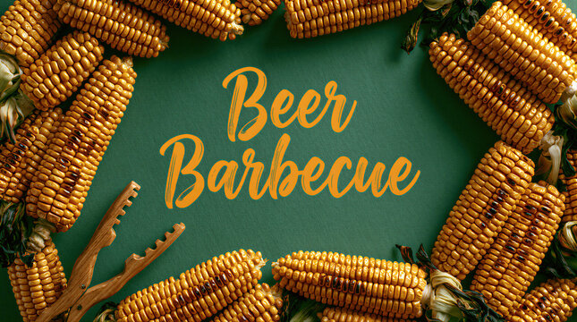 Beer Barbecue text on green background framed by grilled corn. Concept for summer outdoor party with ale, lager and grilled vegetable menu. Seasonal backyard picnic invitation design.