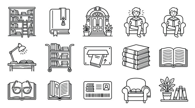 A collection of line art icons representing various library and reading-related elements, including bookshelves, books, a reading lamp, and a library card.
