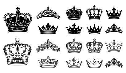 Collection of elegant royal crowns and tiaras black and white vector graphics © Mostofa