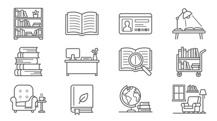 A collection of line art icons representing various library and study-related elements, including bookshelves, books, a desk, and a reading chair. © Terra
